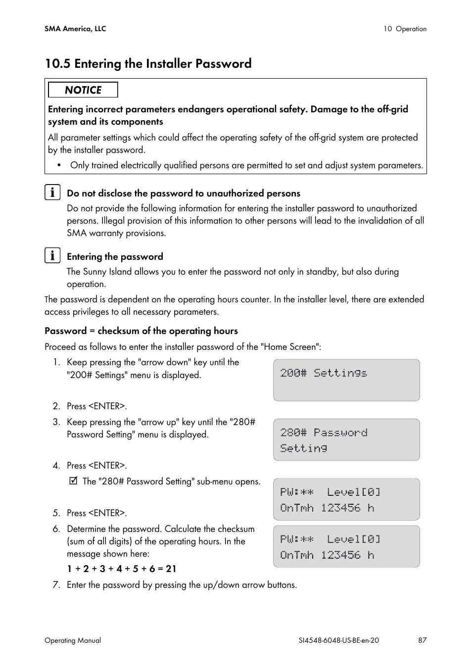 5 entering the installer password | SMA SI 4548-US User Manual | Page 87 / 244