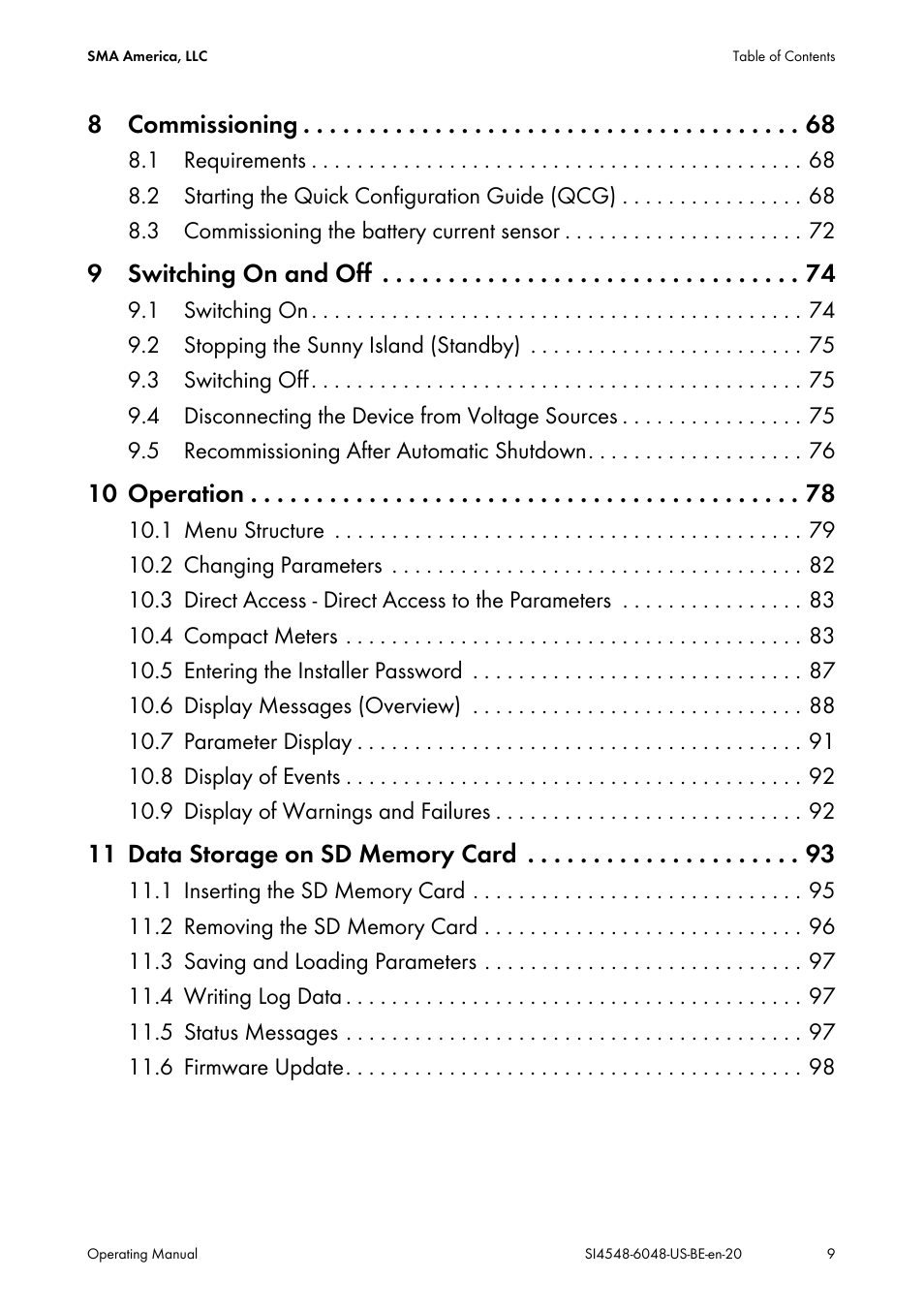 8 commissioning, 9 switching on and off, 10 operation | SMA SI 4548-US User Manual | Page 9 / 244