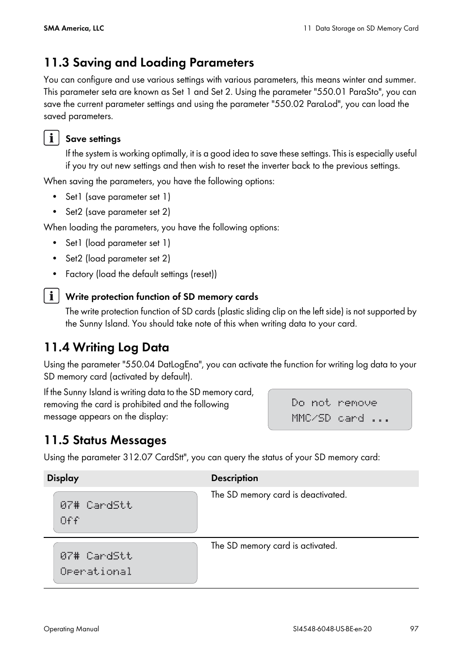 3 saving and loading parameters, 4 writing log data, 5 status messages | SMA SI 4548-US User Manual | Page 97 / 244