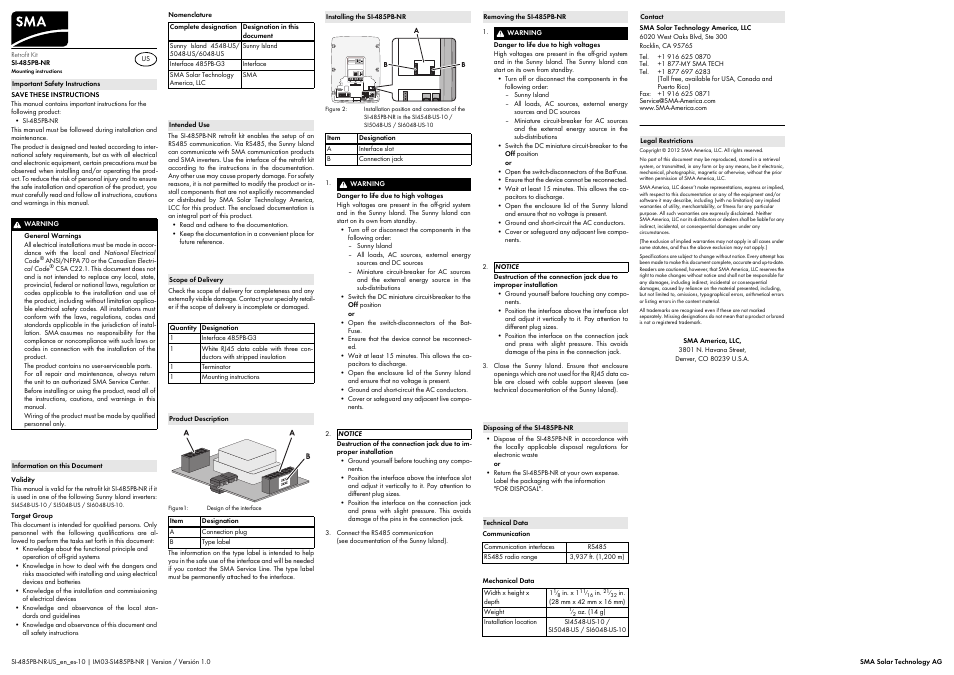 SMA SI-485PB-NR User Manual | 2 pages