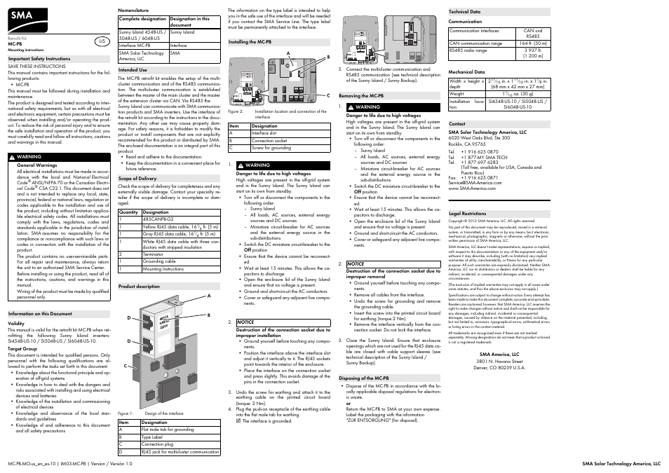 SMA MC-PB User Manual | 2 pages