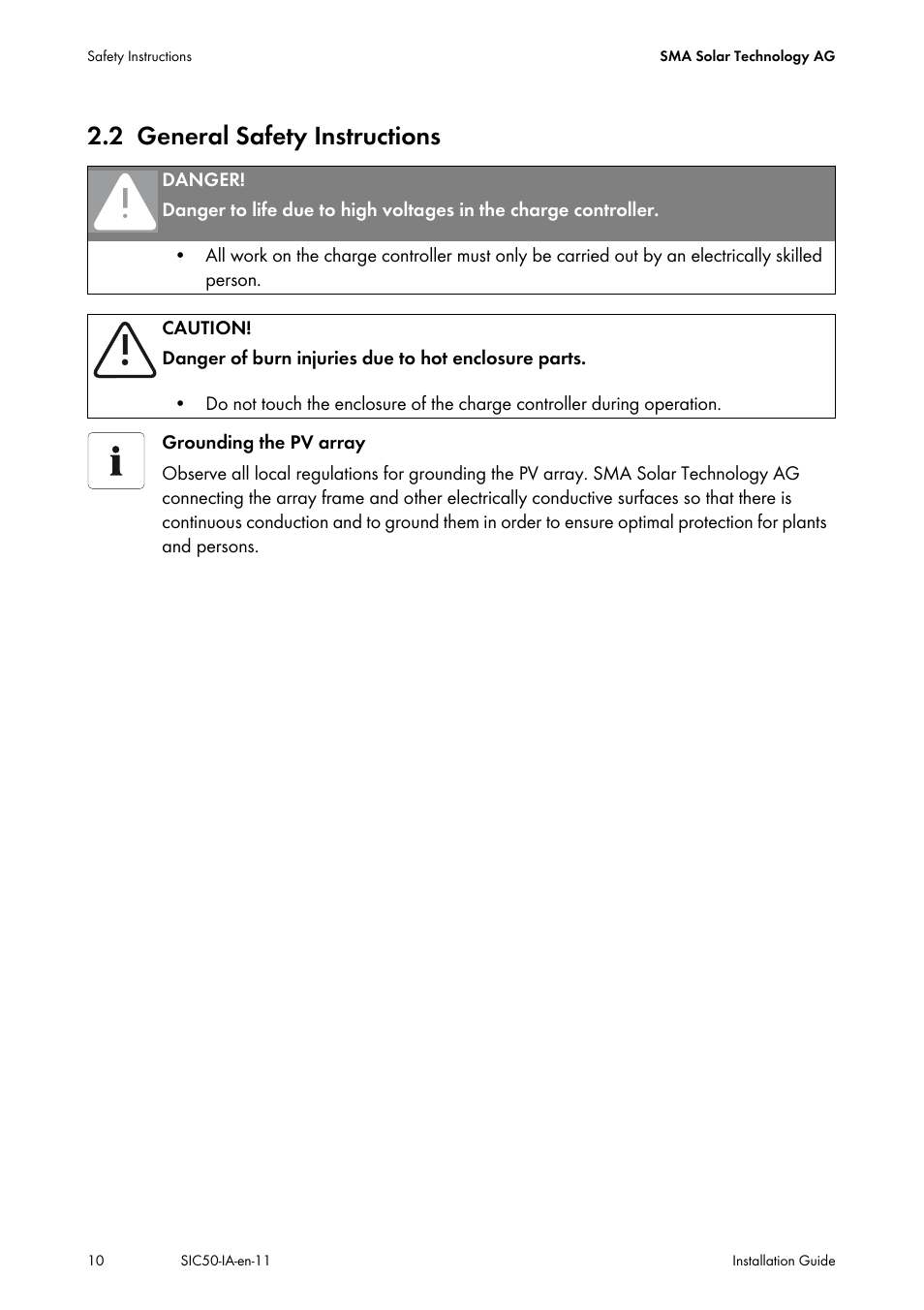 2 general safety instructions, General safety instructions | SMA SIC 50 User Manual | Page 10 / 48