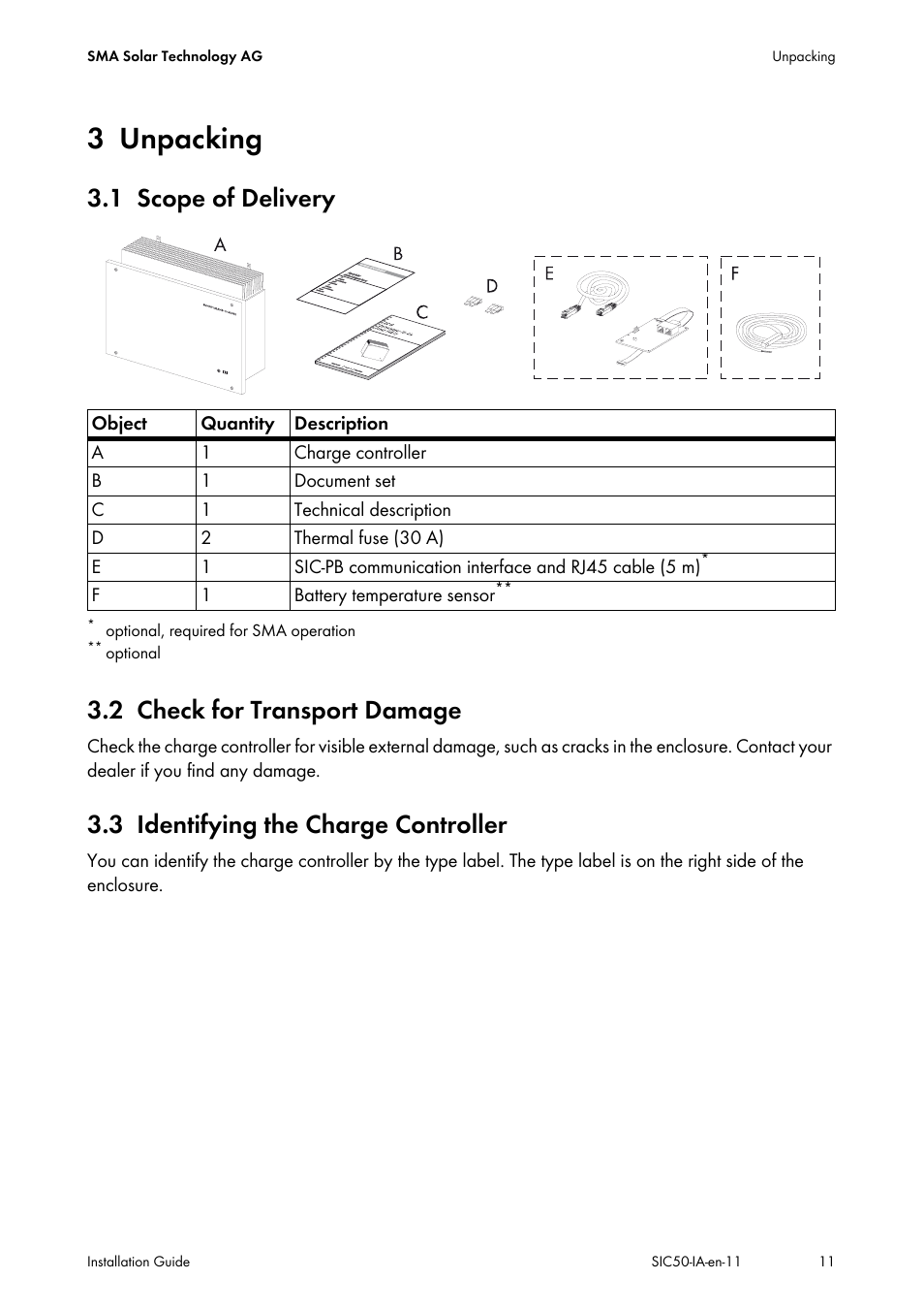 3 unpacking, 1 scope of delivery, 2 check for transport damage | 3 identifying the charge controller, Unpacking, Scope of delivery, Check for transport damage, Identifying the charge controller, 1 scope of delivery 3.2 check for transport damage | SMA SIC 50 User Manual | Page 11 / 48