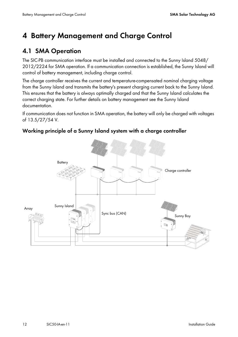 4 battery management and charge control, 1 sma operation, Battery management and charge control | Sma operation | SMA SIC 50 User Manual | Page 12 / 48