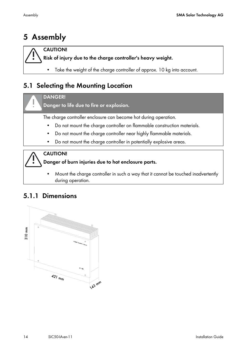 5 assembly, 1 selecting the mounting location, 1 dimensions | Assembly, Selecting the mounting location, Dimensions, 1 selecting the mounting location 5.1.1 dimensions | SMA SIC 50 User Manual | Page 14 / 48