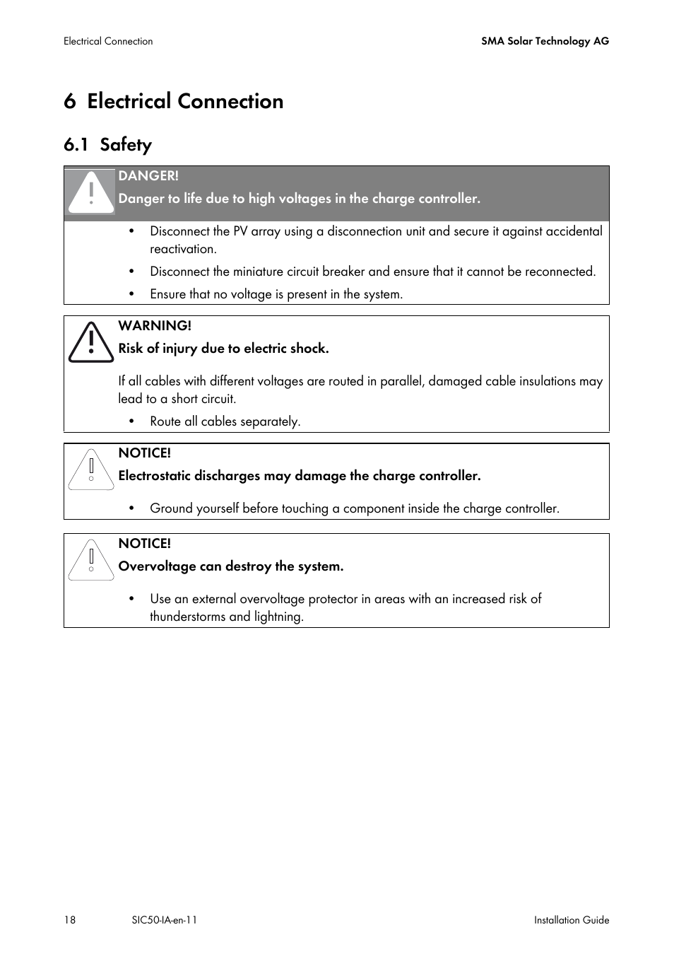 6 electrical connection, 1 safety, Electrical connection | Safety | SMA SIC 50 User Manual | Page 18 / 48