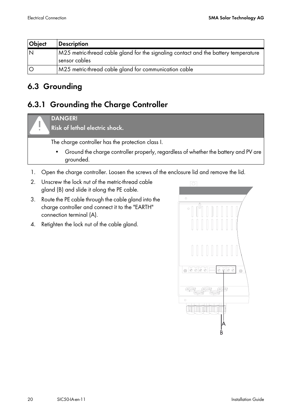 3 grounding, 1 grounding the charge controller, Grounding | Grounding the charge controller, 3 grounding 6.3.1 grounding the charge controller | SMA SIC 50 User Manual | Page 20 / 48