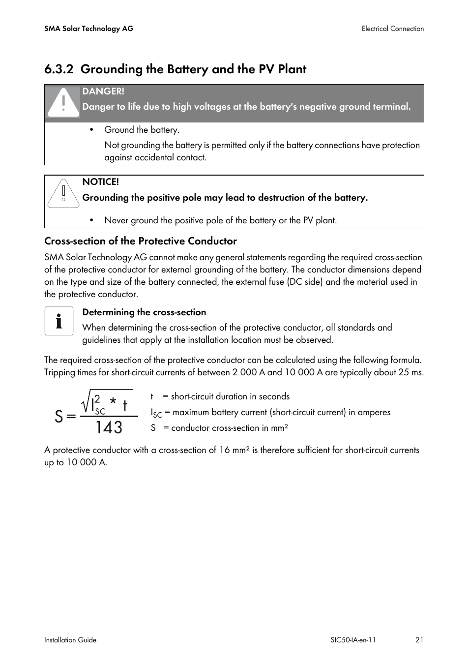 2 grounding the battery and the pv plant, Grounding the battery and the pv plant | SMA SIC 50 User Manual | Page 21 / 48