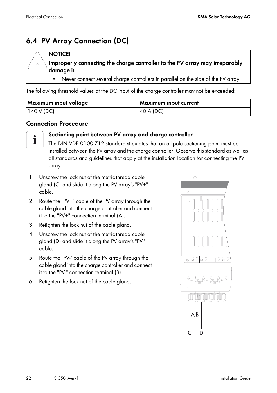 4 pv array connection (dc), Pv array connection (dc) | SMA SIC 50 User Manual | Page 22 / 48