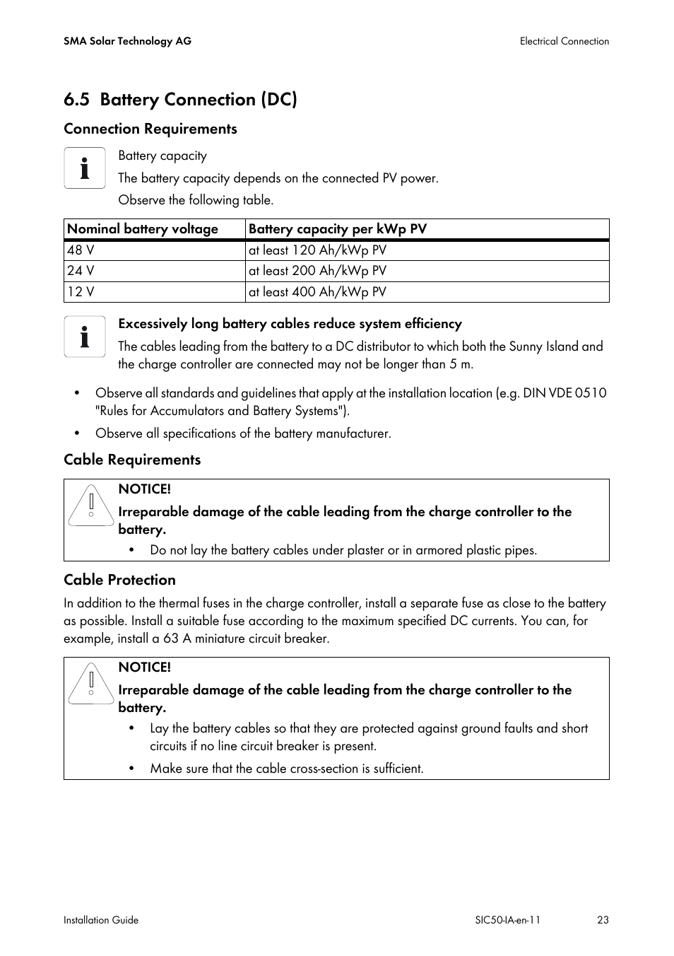 5 battery connection (dc), Battery connection (dc) | SMA SIC 50 User Manual | Page 23 / 48