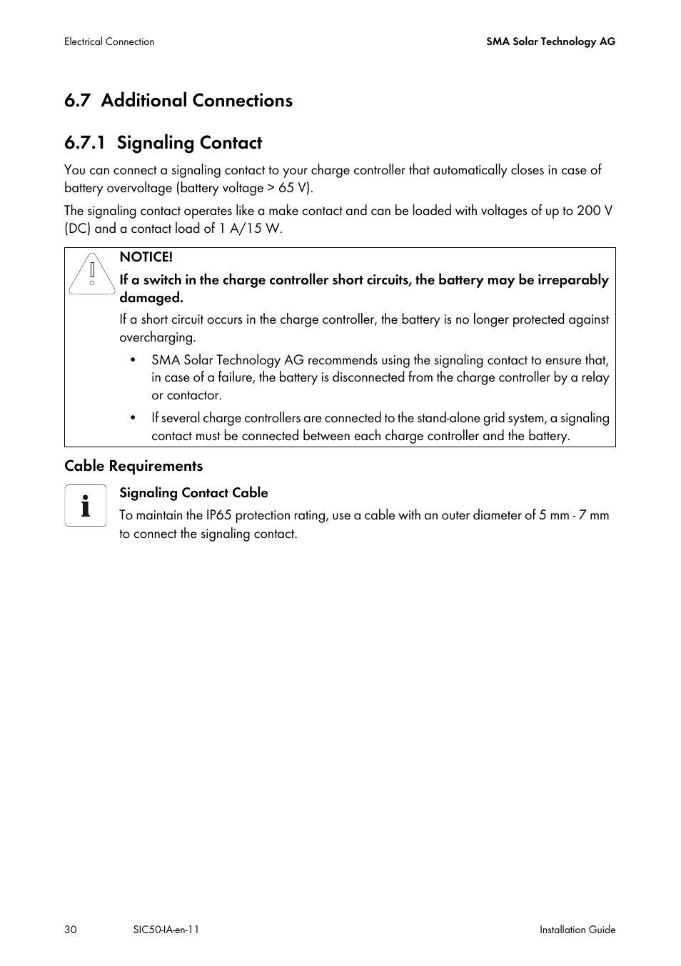 7 additional connections, 1 signaling contact, Additional connections | Signaling contact, 7 additional connections 6.7.1 signaling contact | SMA SIC 50 User Manual | Page 30 / 48