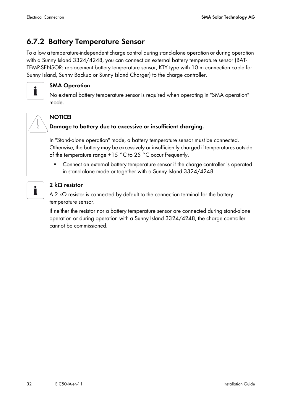 2 battery temperature sensor, Battery temperature sensor | SMA SIC 50 User Manual | Page 32 / 48