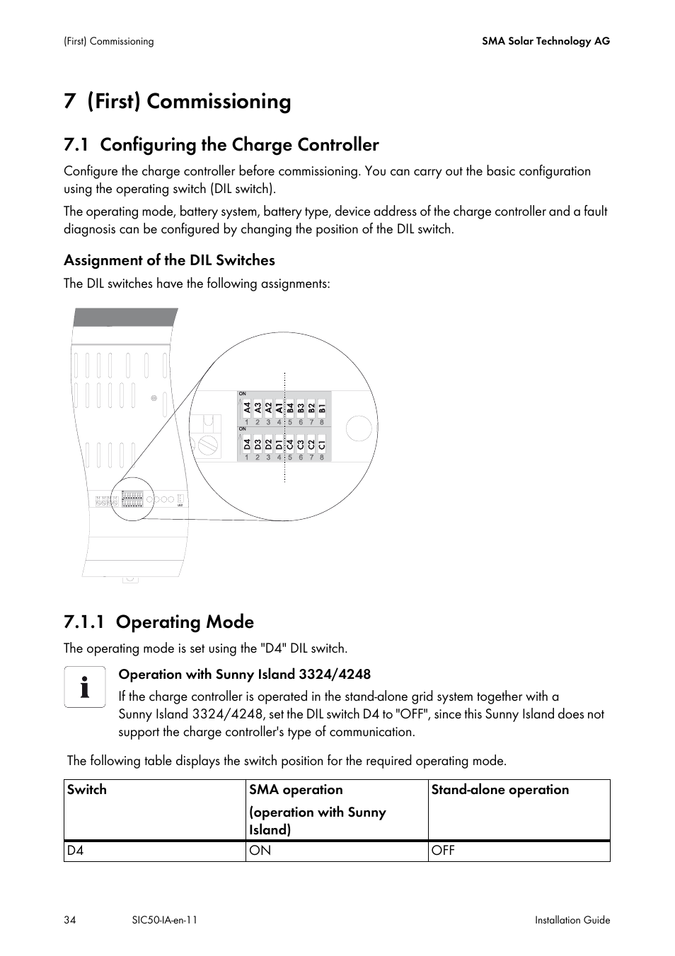 7 (first) commissioning, 1 configuring the charge controller, 1 operating mode | First) commissioning, Configuring the charge controller, Operating mode | SMA SIC 50 User Manual | Page 34 / 48