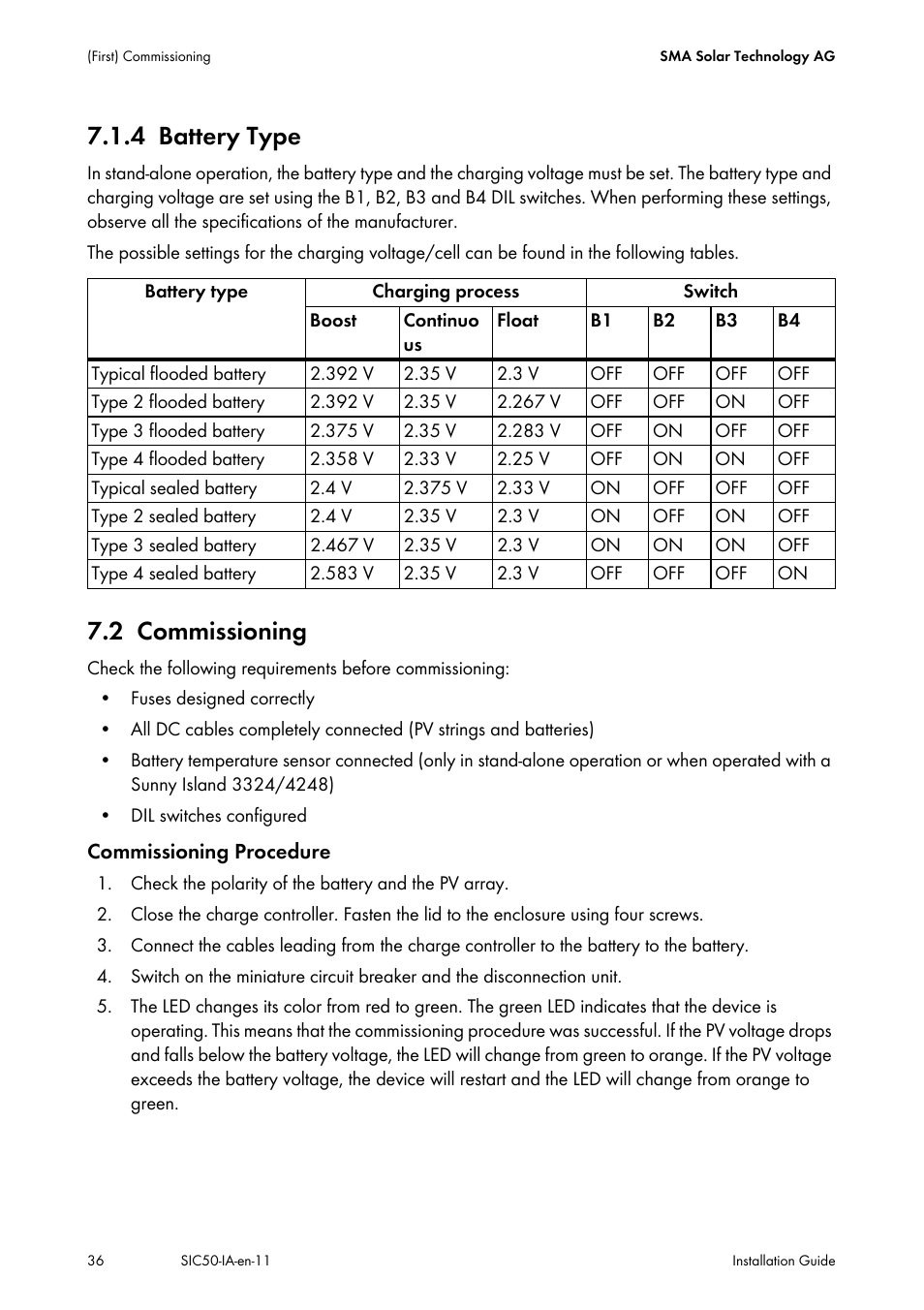 4 battery type, 2 commissioning, Battery t | Commissioning | SMA SIC 50 User Manual | Page 36 / 48
