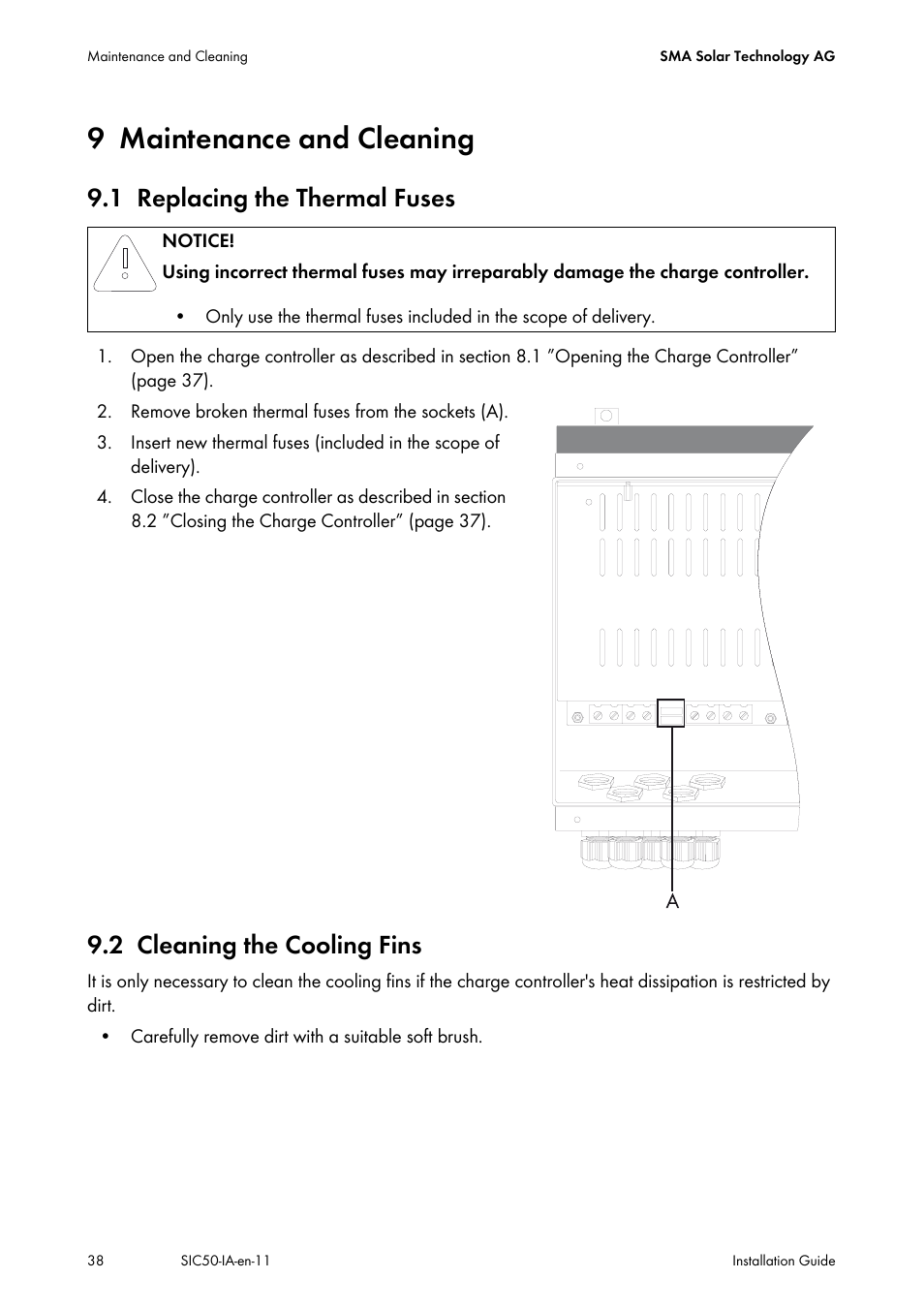 9 maintenance and cleaning, 1 replacing the thermal fuses, 2 cleaning the cooling fins | Maintenance and cleaning, Replacing the thermal fuses, Cleaning the cooling fins | SMA SIC 50 User Manual | Page 38 / 48