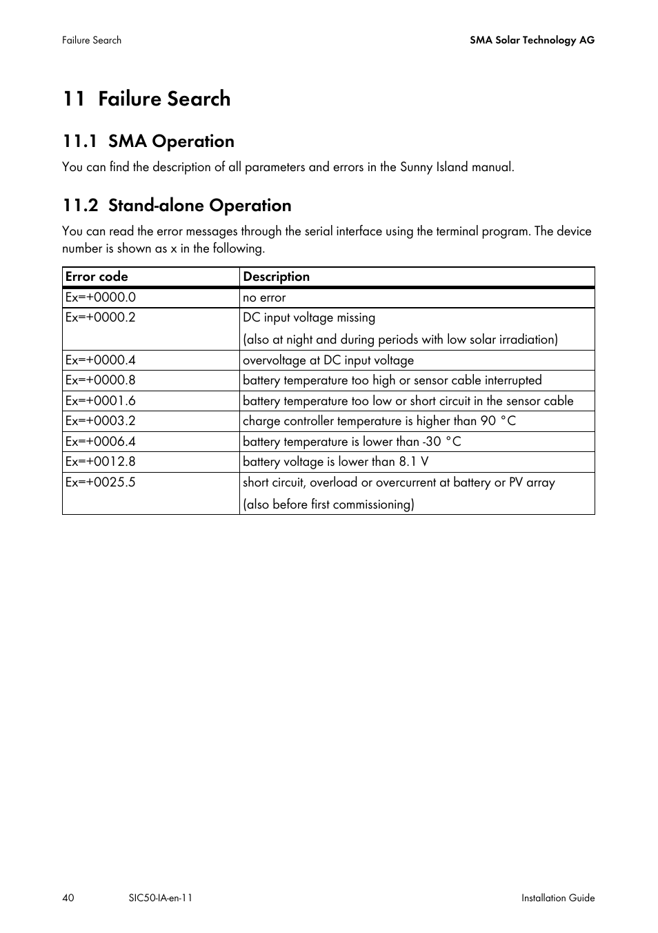 11 failure search, 1 sma operation, 2 stand-alone operation | Failure search, Sma operation, Stand-alone operation | SMA SIC 50 User Manual | Page 40 / 48