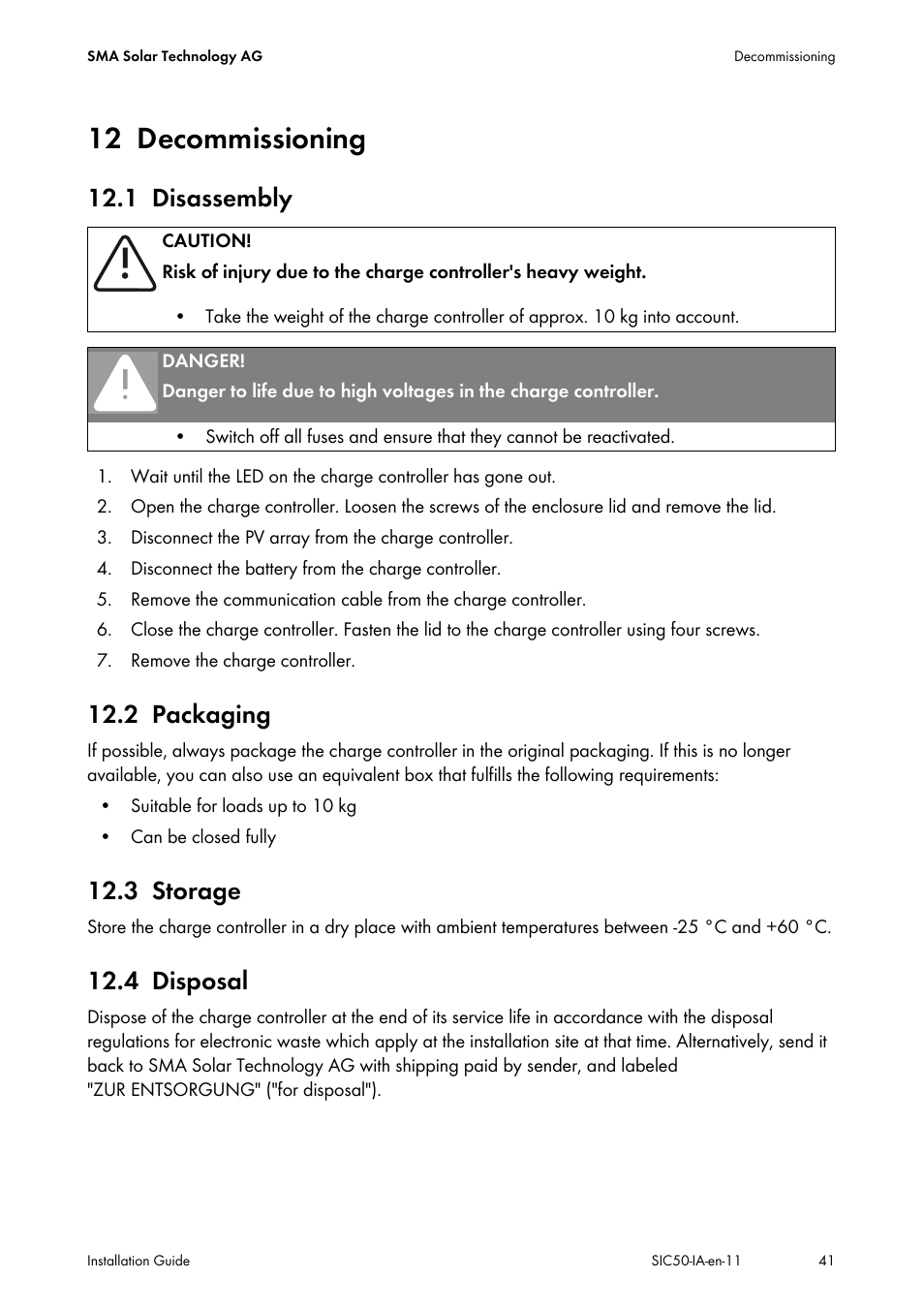 12 decommissioning, 1 disassembly, 2 packaging | 3 storage, 4 disposal, Decommissioning, Disassembly, Packaging, Storage, Disposal | SMA SIC 50 User Manual | Page 41 / 48