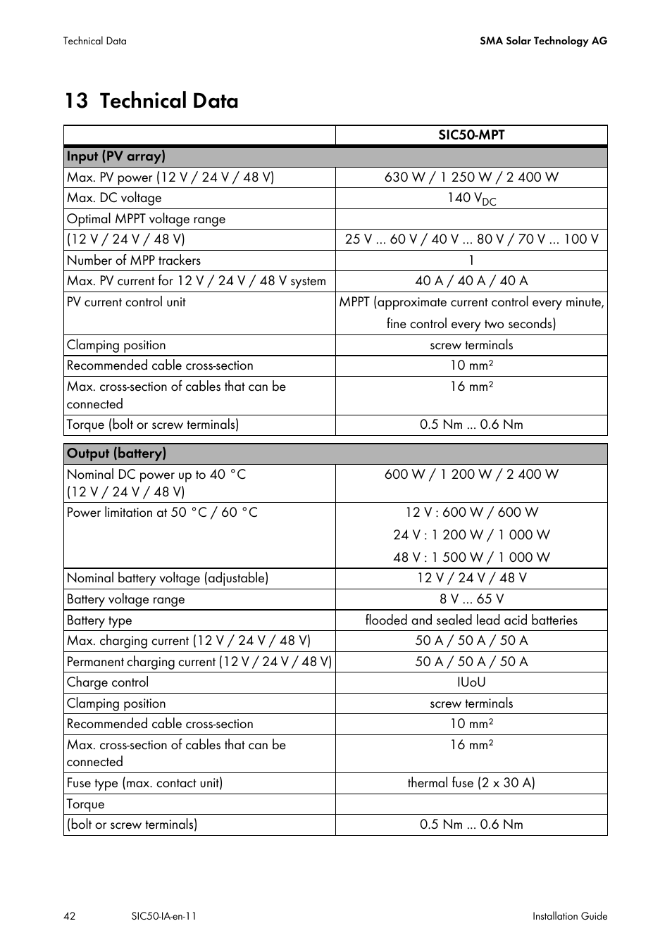 13 technical data, Technical data | SMA SIC 50 User Manual | Page 42 / 48