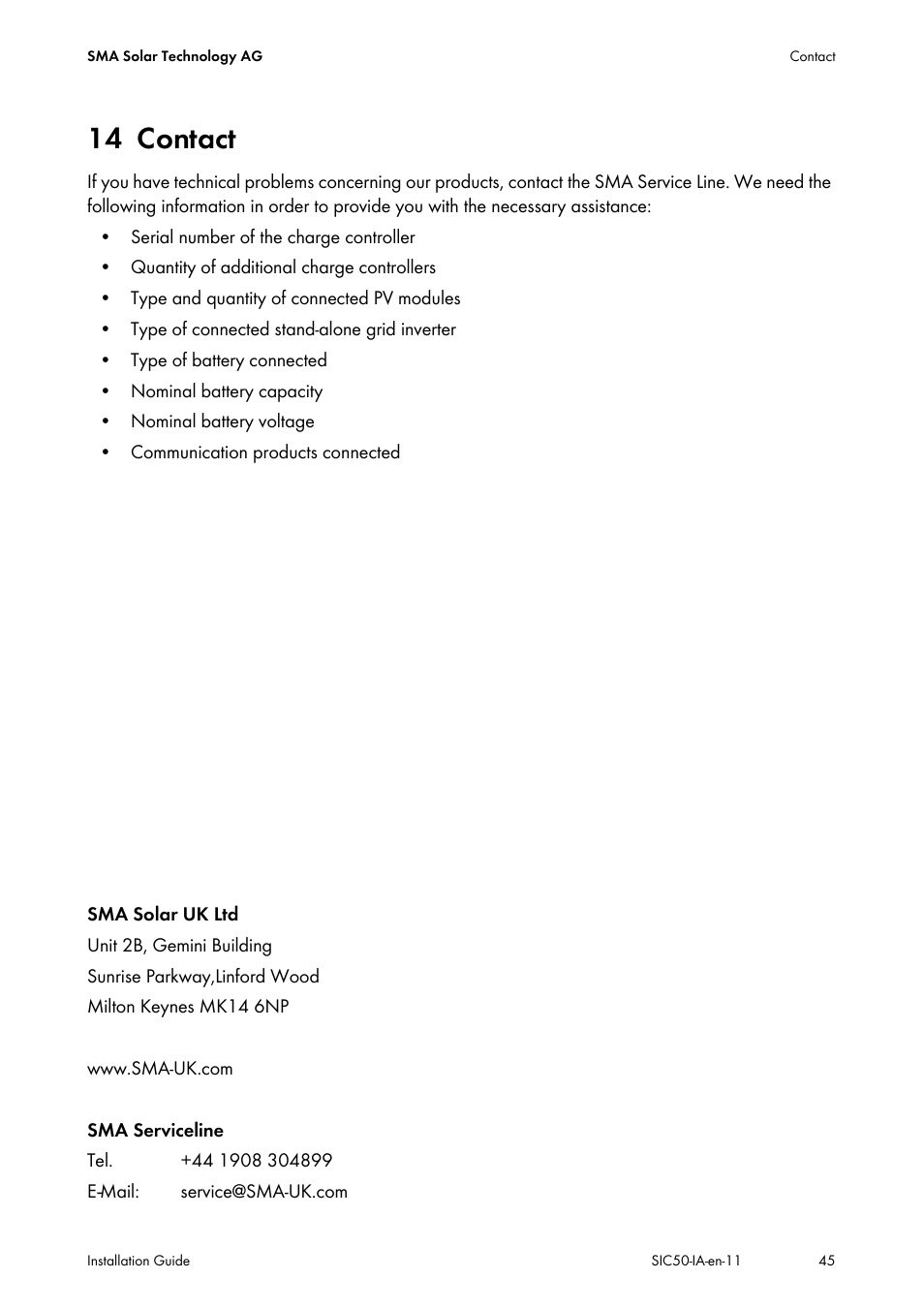 14 contact, Contact | SMA SIC 50 User Manual | Page 45 / 48