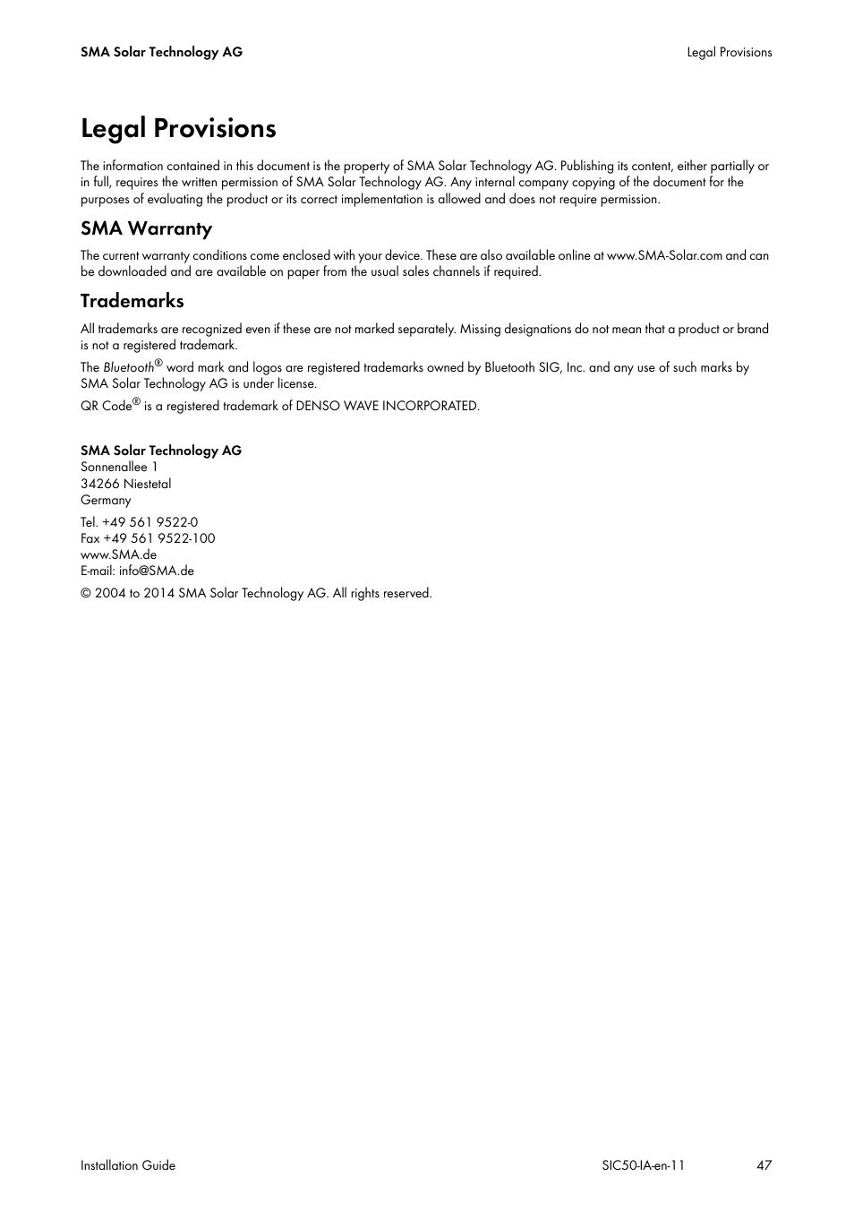 Legal provisions, Sma warranty, Trademarks | SMA SIC 50 User Manual | Page 47 / 48