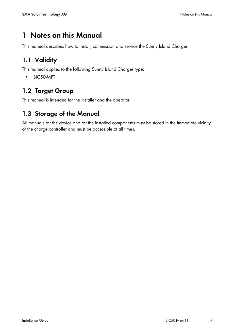 1 notes on this manual, 1 validity, 2 target group | 3 storage of the manual, Notes on this manual, Validity, Target group, Storage of the manual | SMA SIC 50 User Manual | Page 7 / 48