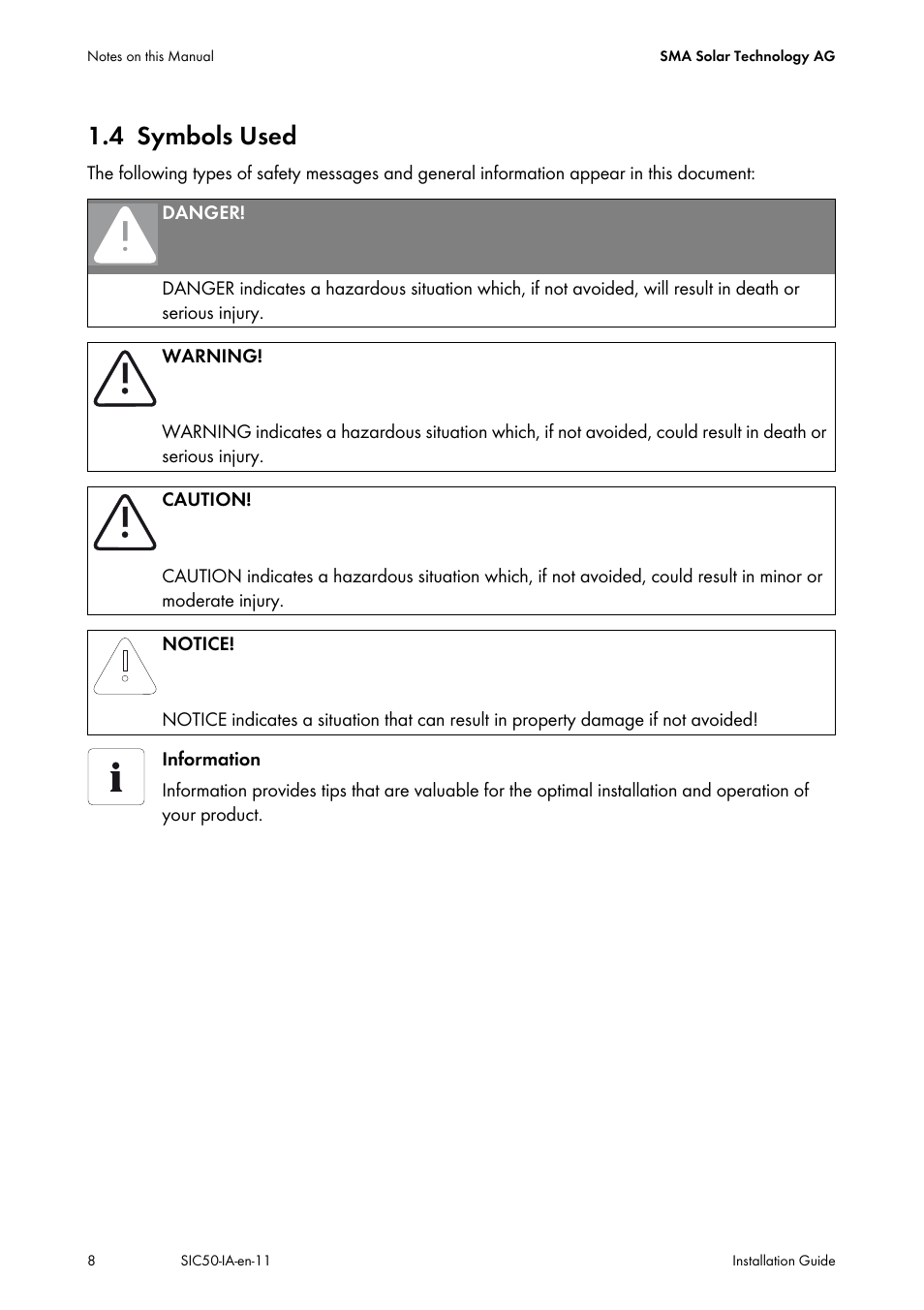 4 symbols used, Symbols used | SMA SIC 50 User Manual | Page 8 / 48