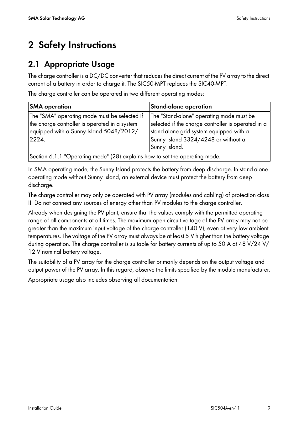 2 safety instructions, 1 appropriate usage, Safety instructions | Appropriate usage | SMA SIC 50 User Manual | Page 9 / 48