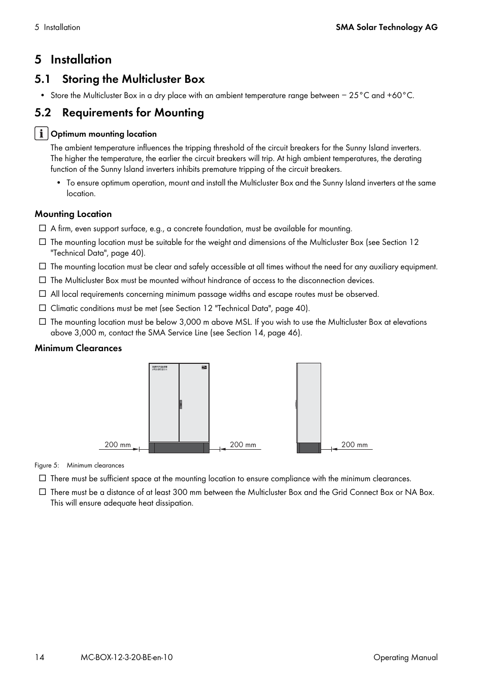 5 installation, 1 storing the multicluster box, 2 requirements for mounting | SMA MULTICLUSTER BOX 12 User Manual | Page 14 / 48