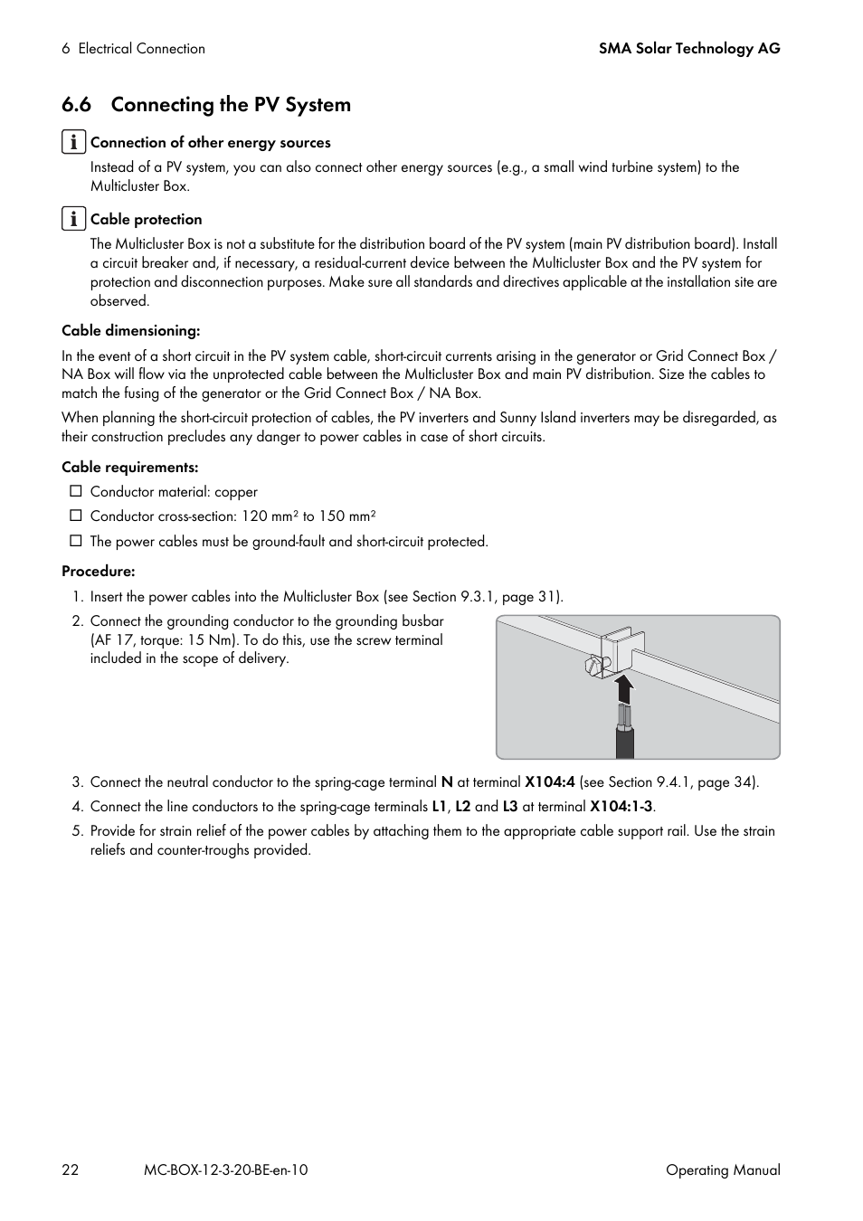 6 connecting the pv system, Able (see section 6.6 "connecting | SMA MULTICLUSTER BOX 12 User Manual | Page 22 / 48