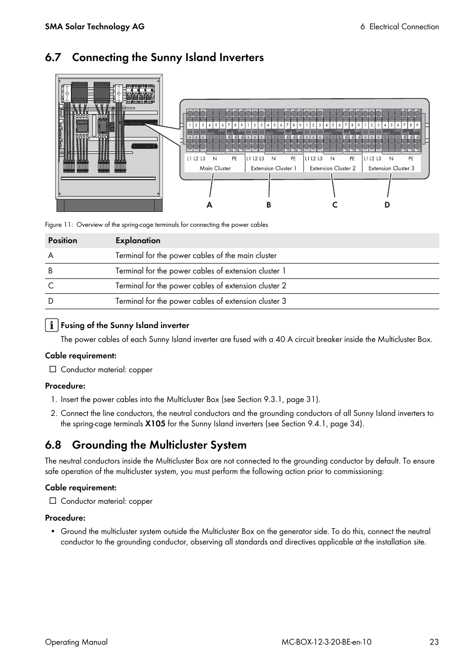 7 connecting the sunny island inverters, 8 grounding the multicluster system | SMA MULTICLUSTER BOX 12 User Manual | Page 23 / 48