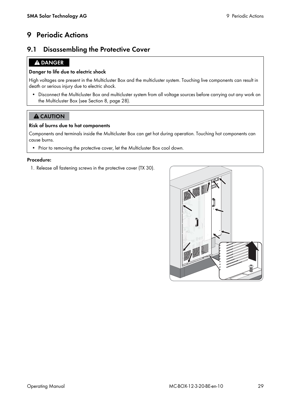 9 periodic actions, 1 disassembling the protective cover | SMA MULTICLUSTER BOX 12 User Manual | Page 29 / 48