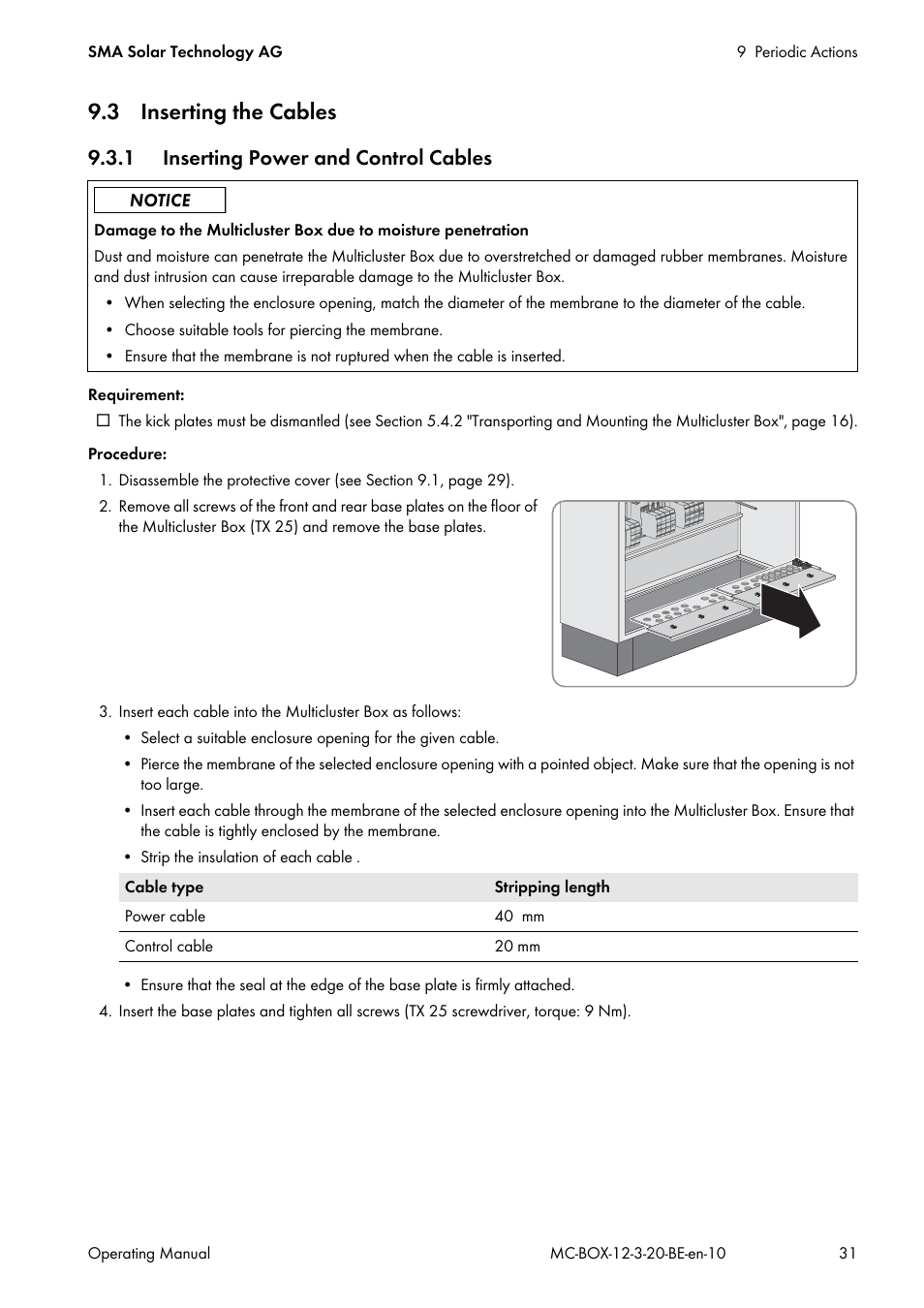 3 inserting the cables, 1 inserting power and control cables | SMA MULTICLUSTER BOX 12 User Manual | Page 31 / 48