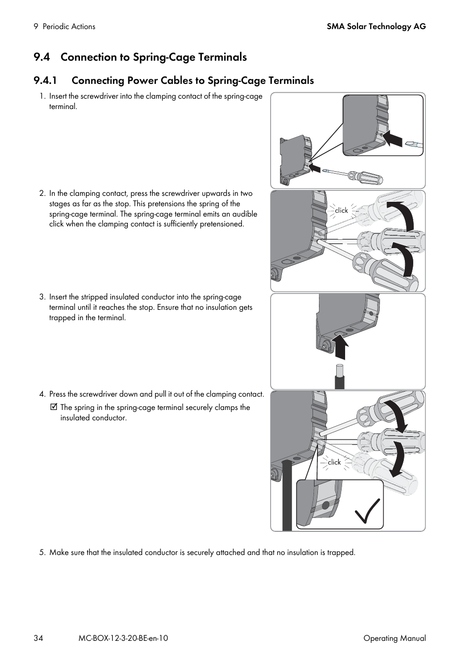 4 connection to spring-cage terminals, 1 connecting power cables to spring-cage terminals | SMA MULTICLUSTER BOX 12 User Manual | Page 34 / 48