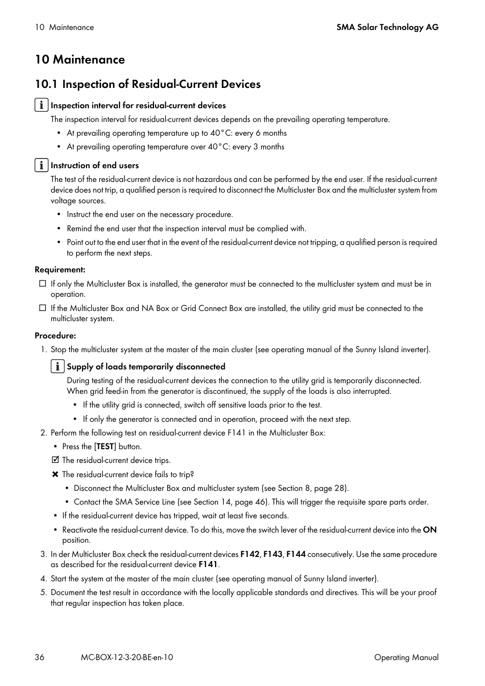 10 maintenance, 1 inspection of residual-current devices | SMA MULTICLUSTER BOX 12 User Manual | Page 36 / 48