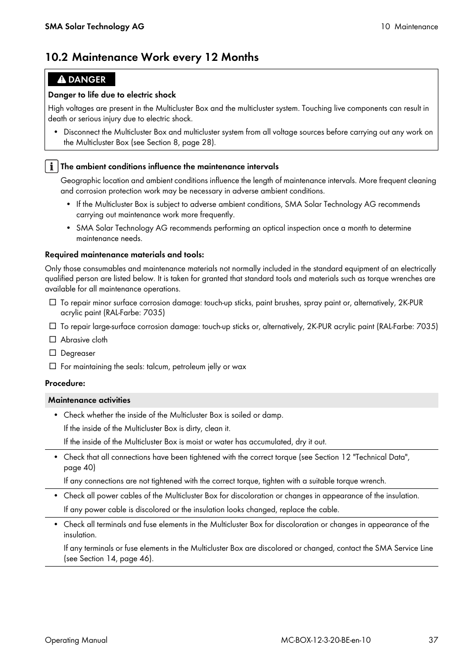 2 maintenance work every 12 months | SMA MULTICLUSTER BOX 12 User Manual | Page 37 / 48