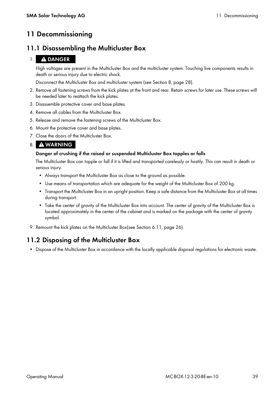 11 decommissioning, 1 disassembling the multicluster box, 2 disposing of the multicluster box | SMA MULTICLUSTER BOX 12 User Manual | Page 39 / 48