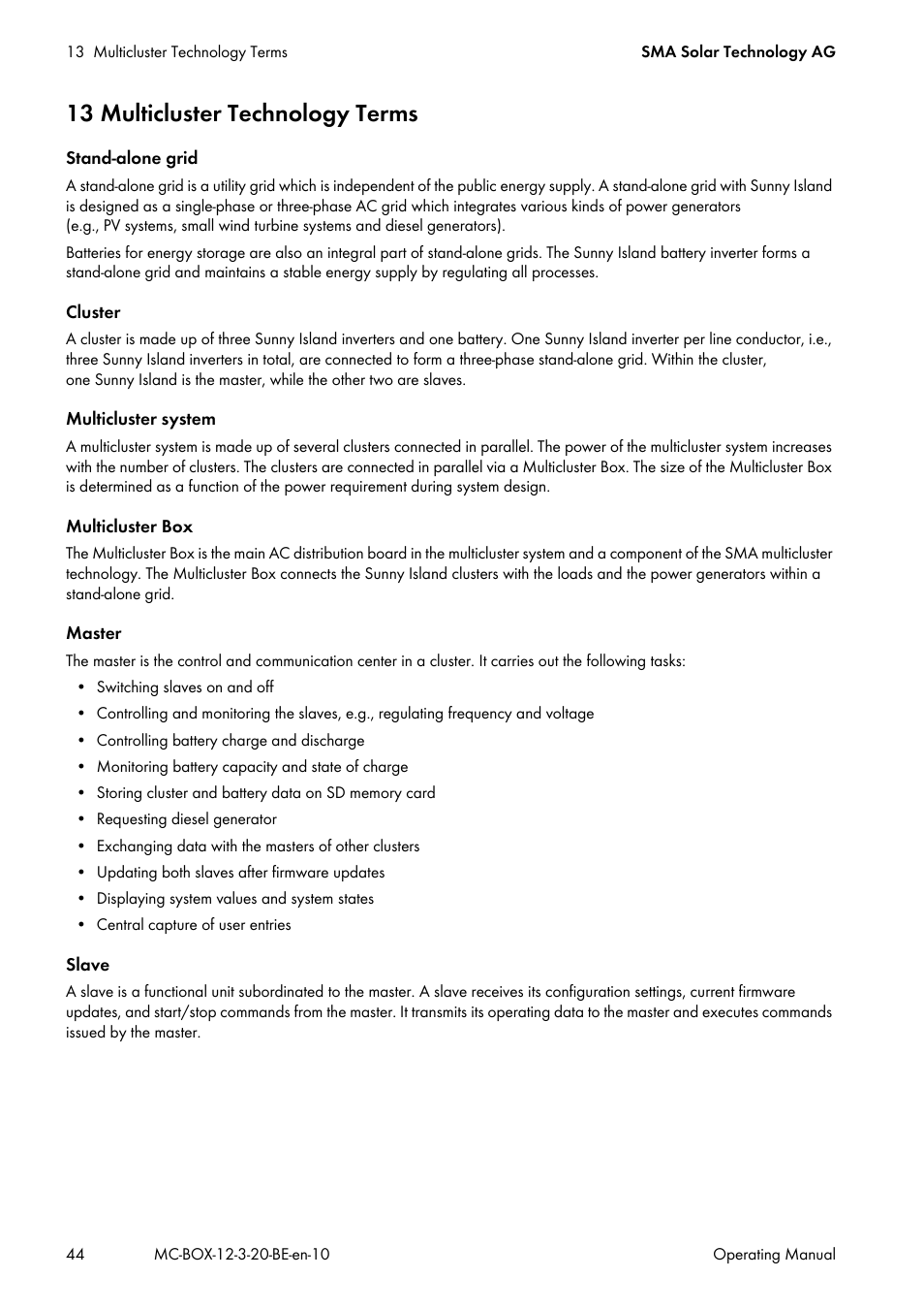 13 multicluster technology terms | SMA MULTICLUSTER BOX 12 User Manual | Page 44 / 48