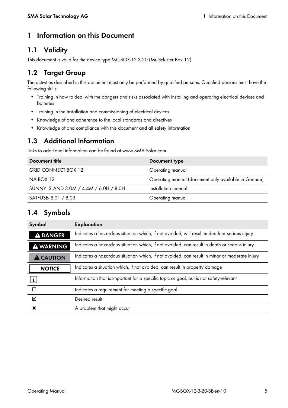 1 information on this document, 1 validity, 2 target group | 3 additional information, 4 symbols | SMA MULTICLUSTER BOX 12 User Manual | Page 5 / 48