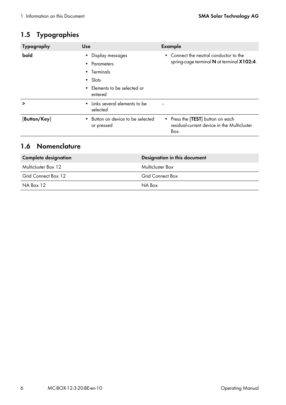 5 typographies, 6 nomenclature, 5 typographies 1.6 nomenclature | SMA MULTICLUSTER BOX 12 User Manual | Page 6 / 48