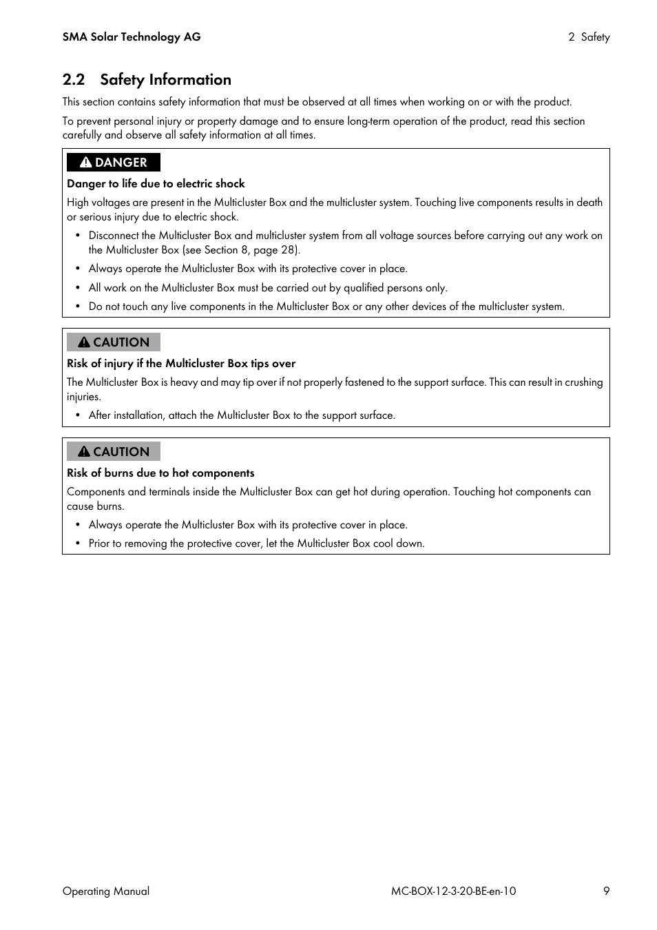 2 safety information | SMA MULTICLUSTER BOX 12 User Manual | Page 9 / 48