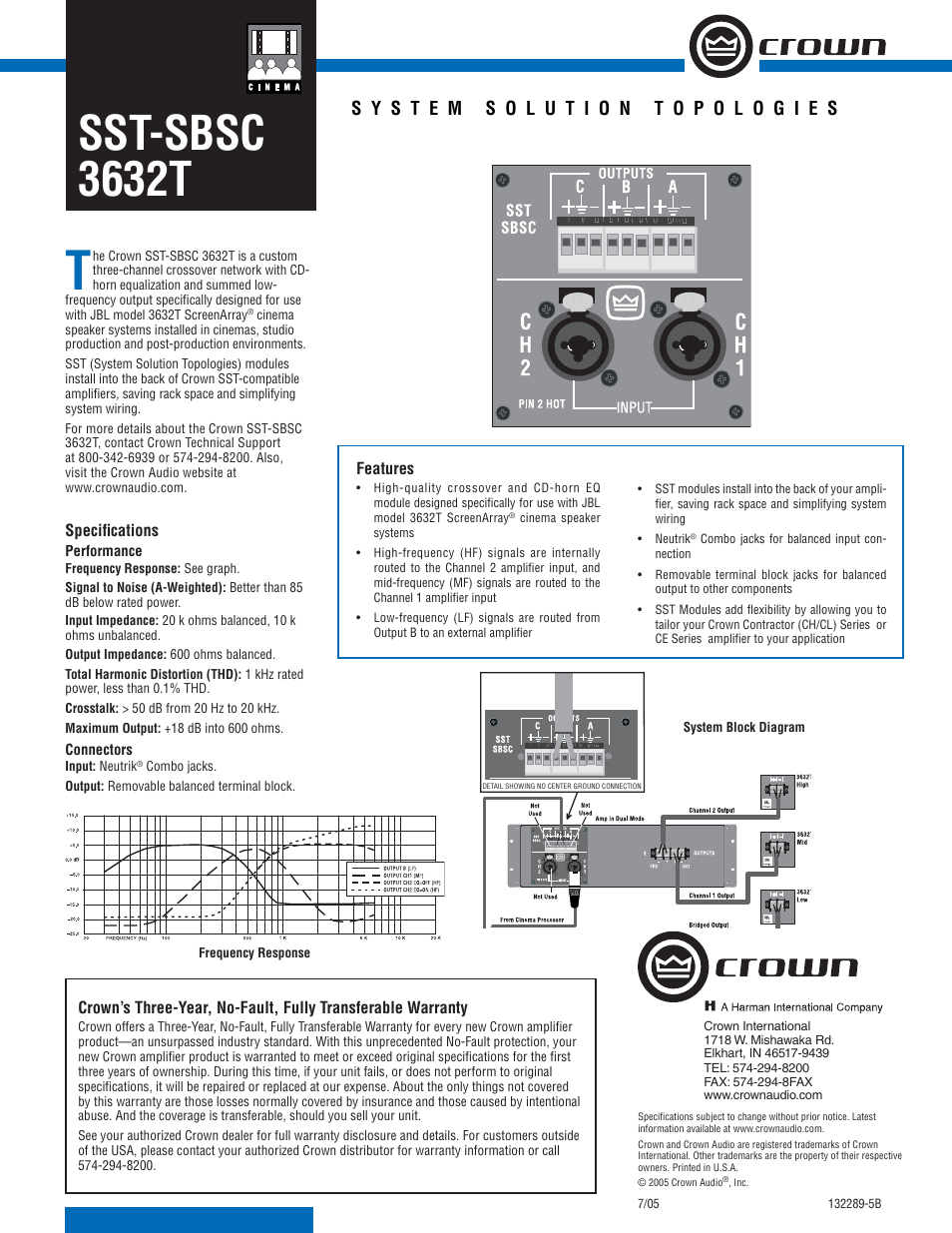 Crown Audio SST-SBSC 3632T User Manual | 1 page