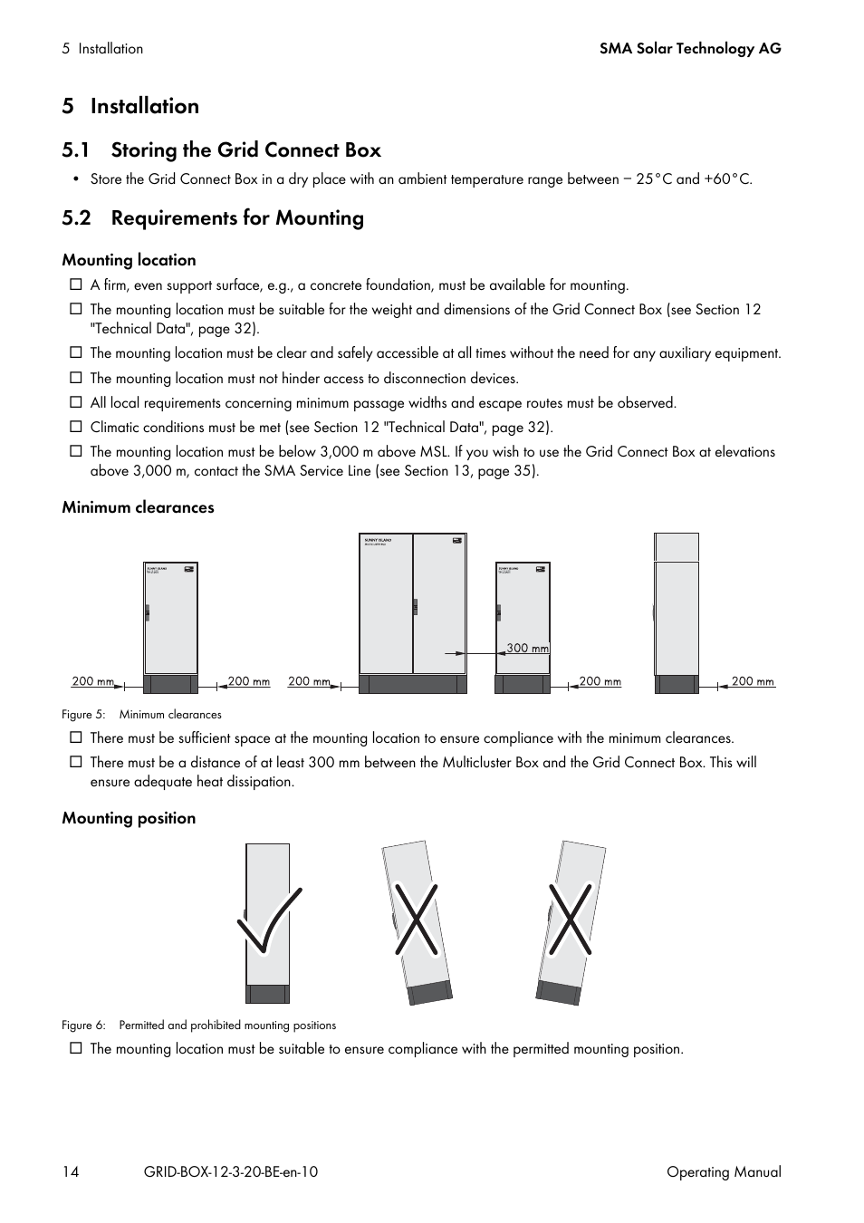 5 installation, 1 storing the grid connect box, 2 requirements for mounting | SMA GRID CONNECT BOX 12 User Manual | Page 14 / 40