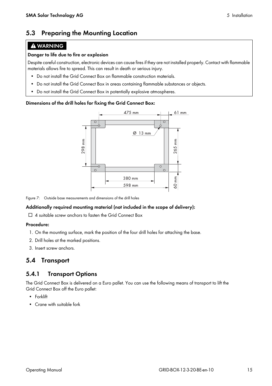 3 preparing the mounting location, 4 transport, 1 transport options | 3 preparing the mounting location 5.4 transport | SMA GRID CONNECT BOX 12 User Manual | Page 15 / 40