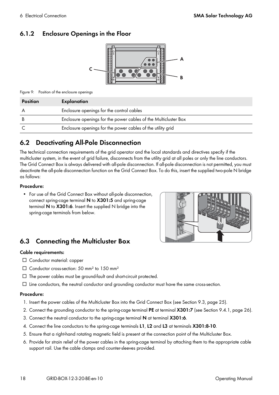2 enclosure openings in the floor, 2 deactivating all-pole disconnection, 3 connecting the multicluster box | SMA GRID CONNECT BOX 12 User Manual | Page 18 / 40