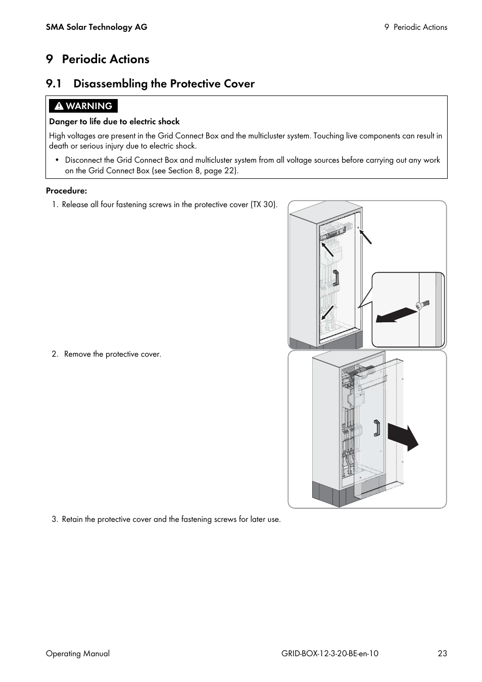 9 periodic actions, 1 disassembling the protective cover | SMA GRID CONNECT BOX 12 User Manual | Page 23 / 40