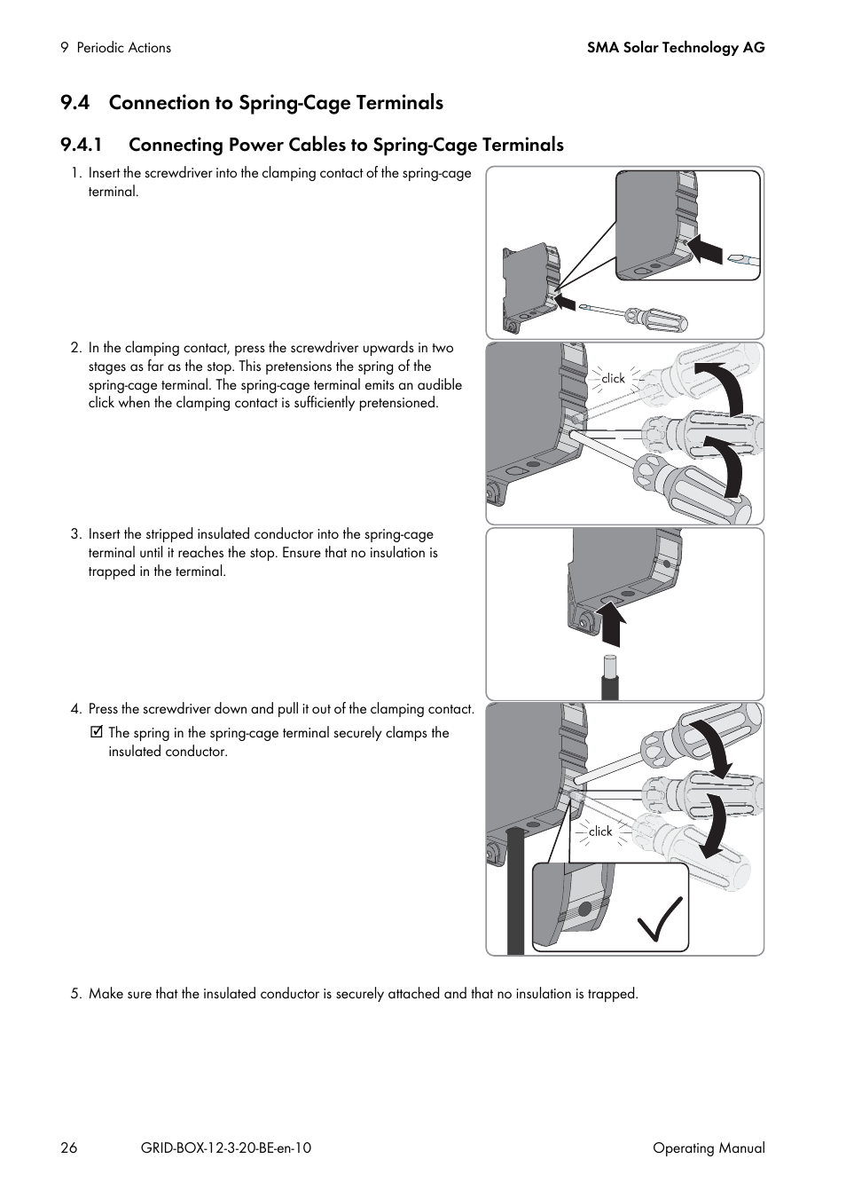 4 connection to spring-cage terminals, 1 connecting power cables to spring-cage terminals | SMA GRID CONNECT BOX 12 User Manual | Page 26 / 40