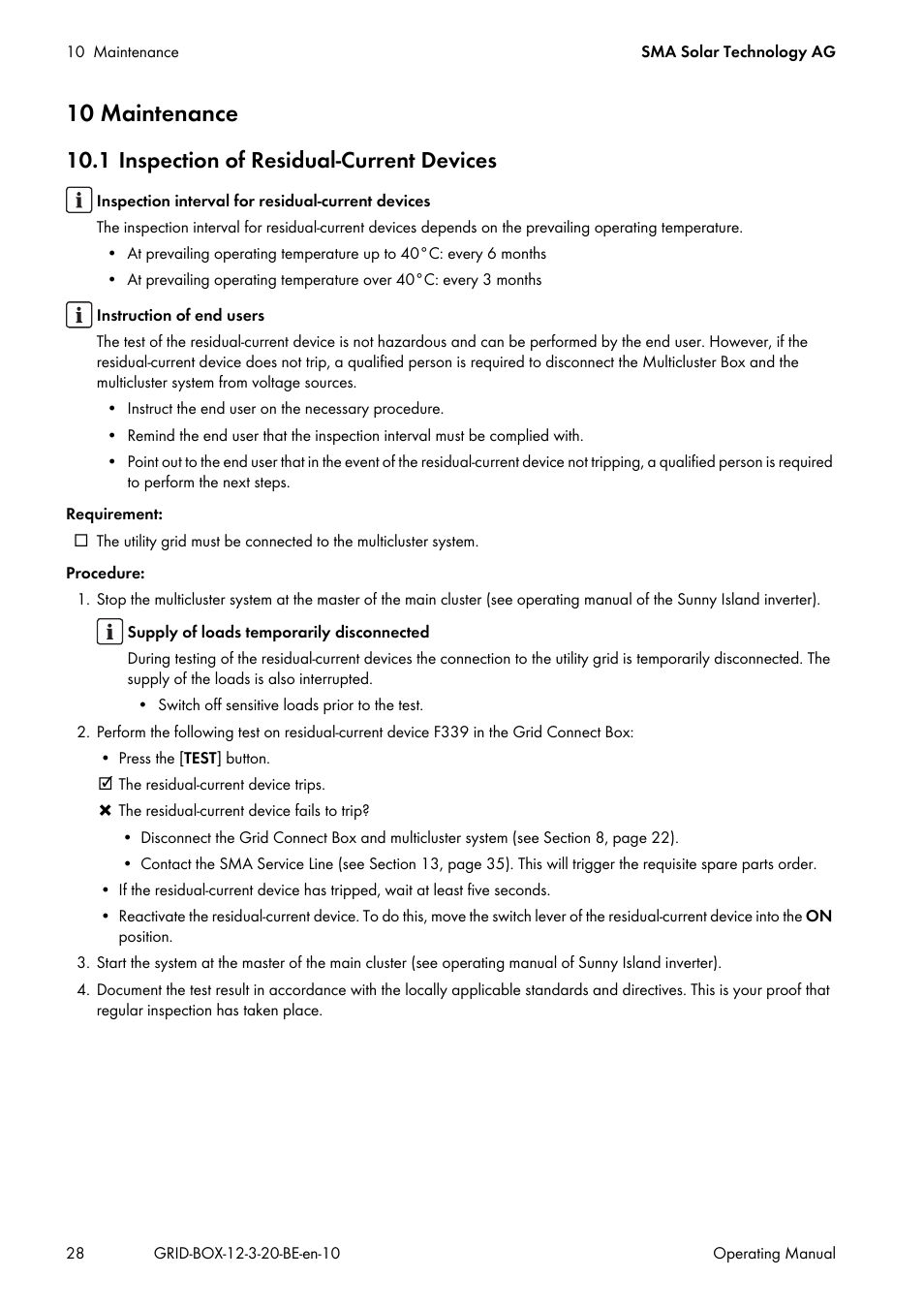 10 maintenance, 1 inspection of residual-current devices | SMA GRID CONNECT BOX 12 User Manual | Page 28 / 40