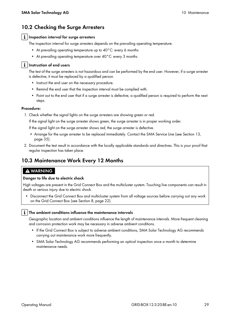 2 checking the surge arresters, 3 maintenance work every 12 months | SMA GRID CONNECT BOX 12 User Manual | Page 29 / 40
