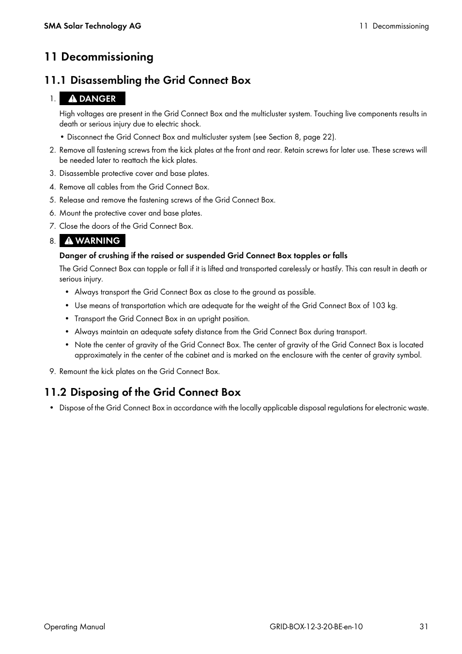 11 decommissioning, 1 disassembling the grid connect box, 2 disposing of the grid connect box | SMA GRID CONNECT BOX 12 User Manual | Page 31 / 40