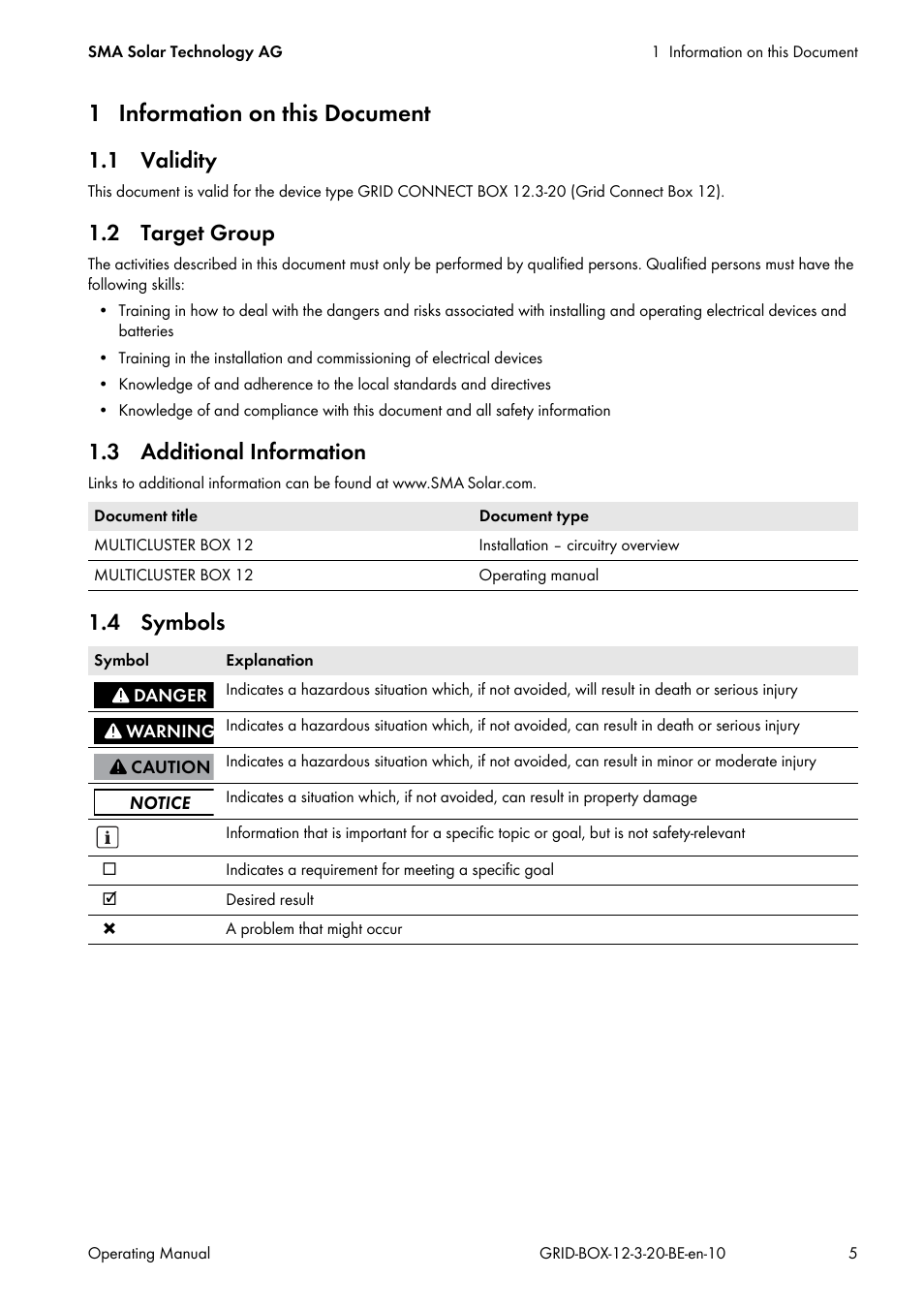 1 information on this document, 1 validity, 2 target group | 3 additional information, 4 symbols | SMA GRID CONNECT BOX 12 User Manual | Page 5 / 40